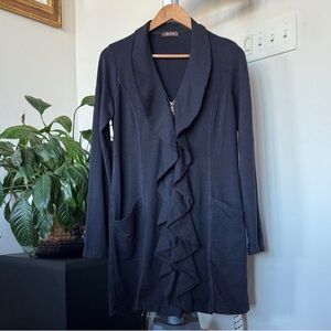 XCVI Knit Draped cardigan Jacket Sz S Ruffled neck Full zip Boho Black Gray